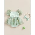 thumbnail image 4 of Bagilaanoe Newborn Baby Girl Rompers Dress Floral Print Short Sleeve Bodysuits + Headband 6M 12M 18M 24M Infant Mesh Patchwork A-line Dress, 4 of 8
