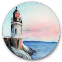 Designart 'A Lighthouse On A Rock Shore At Dawn' Nautical & Coastal Circle Metal Wall Art 29x29 - Disc of 29