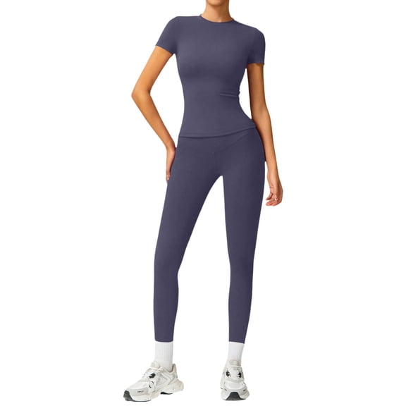 Clossjun Womens Two Piece Workout Sets Slim Fit Short Sleeve Shirt High Waist Leggings Yoga Outfits Matching Gym Suits