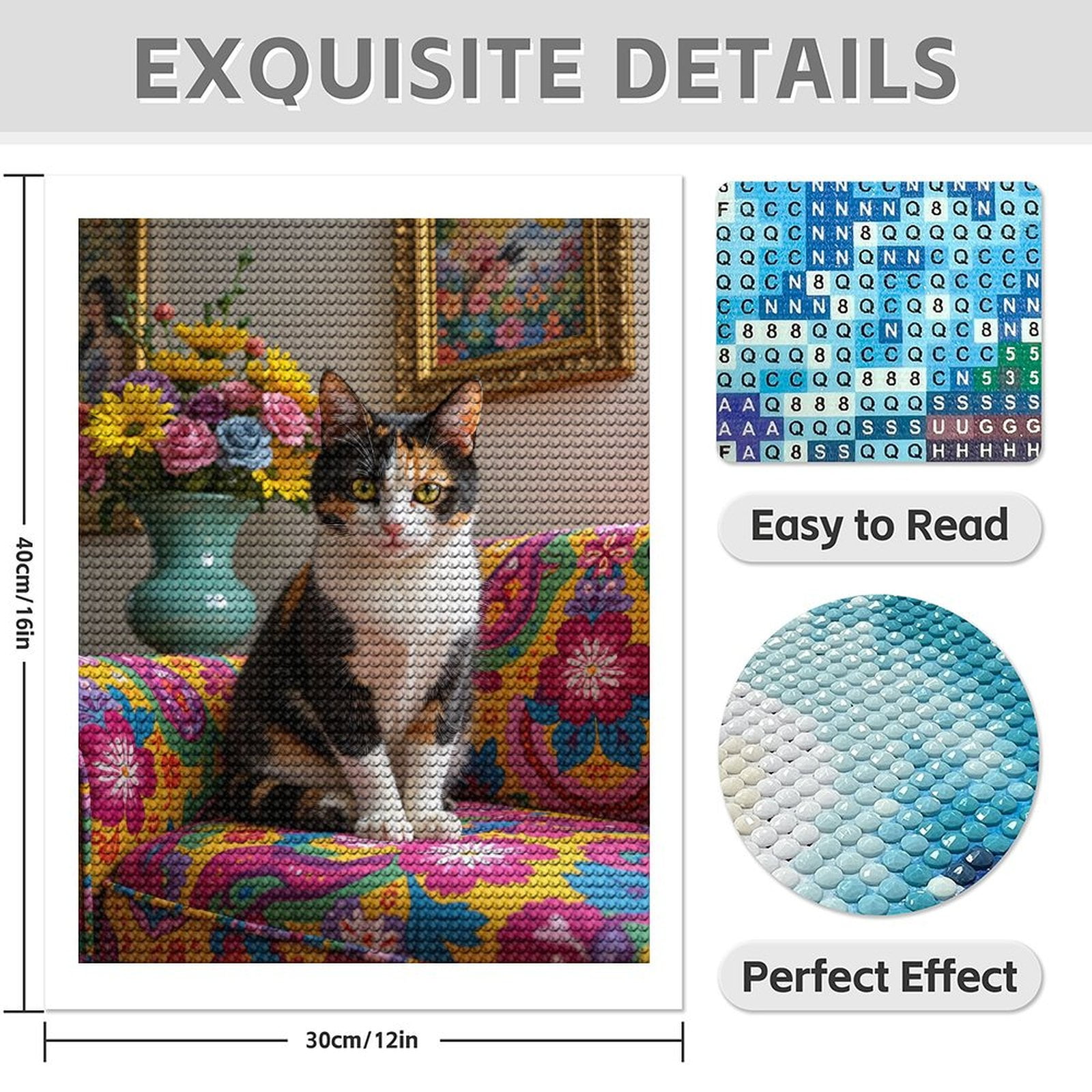 Diamond Art Kit for Adults, Calico Cat Floral Chair Decor Art Diamond Painting for Adults Beginners, 5D DIY Diamond Art Painting Kits, Colorful Diamond Painting Craft for Home Decor 12x16