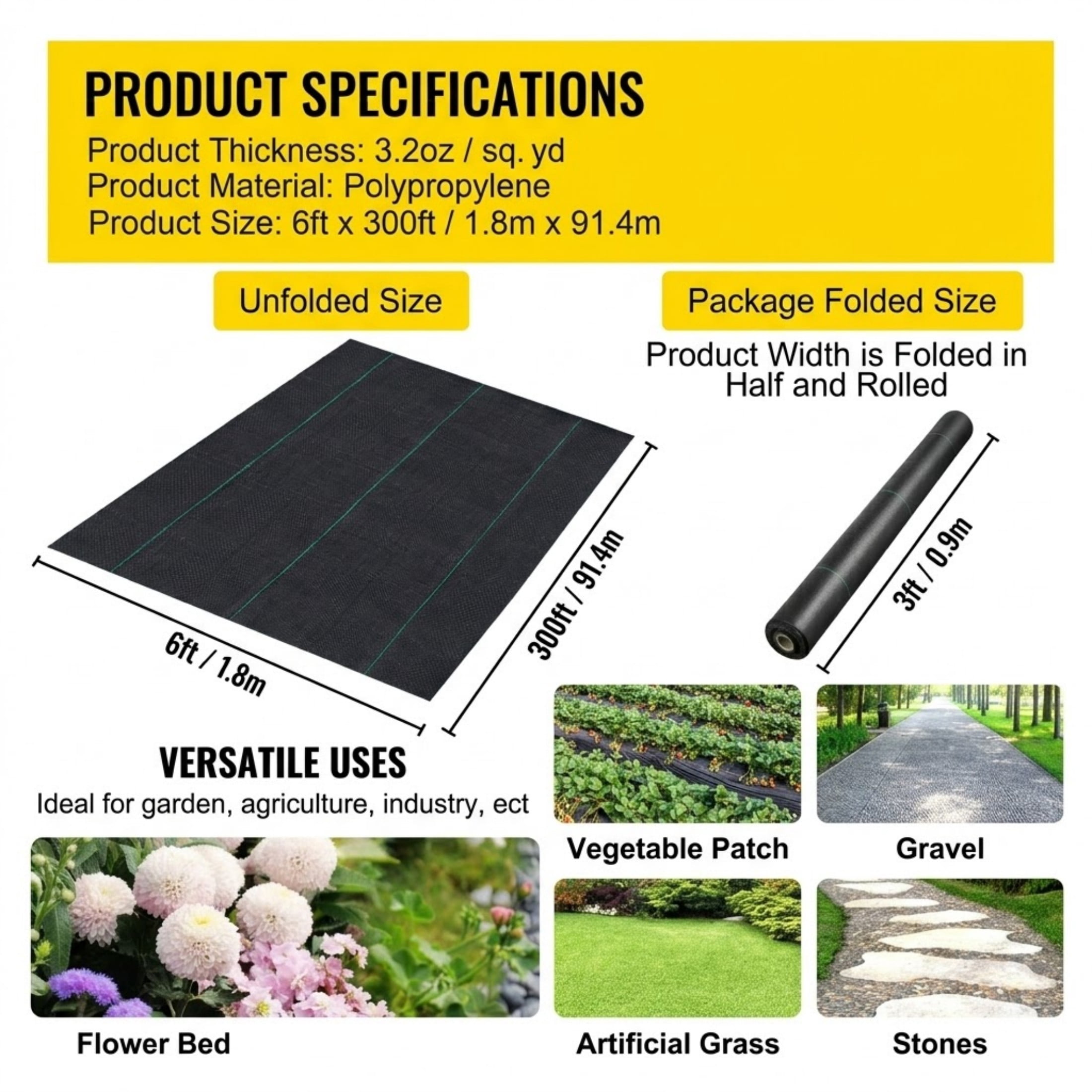 6 x 300 ft Weed Barrier Landscape Fabric, 3.2 Oz Heavy Duty PP Woven Ground Cover, 20-Year Durability