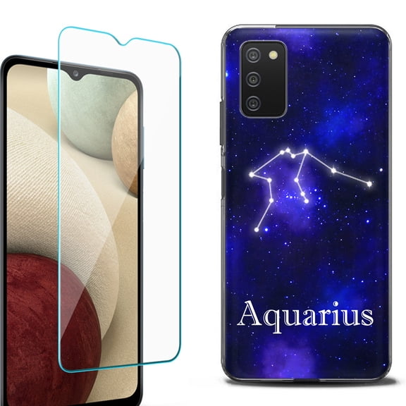 Slim-Fit Protective Fashion Phone Case (Black) for Samsung Galaxy A03s, with Tempered Glass Screen Protector, by OneToughShield ® - Zodiac / Aquarius