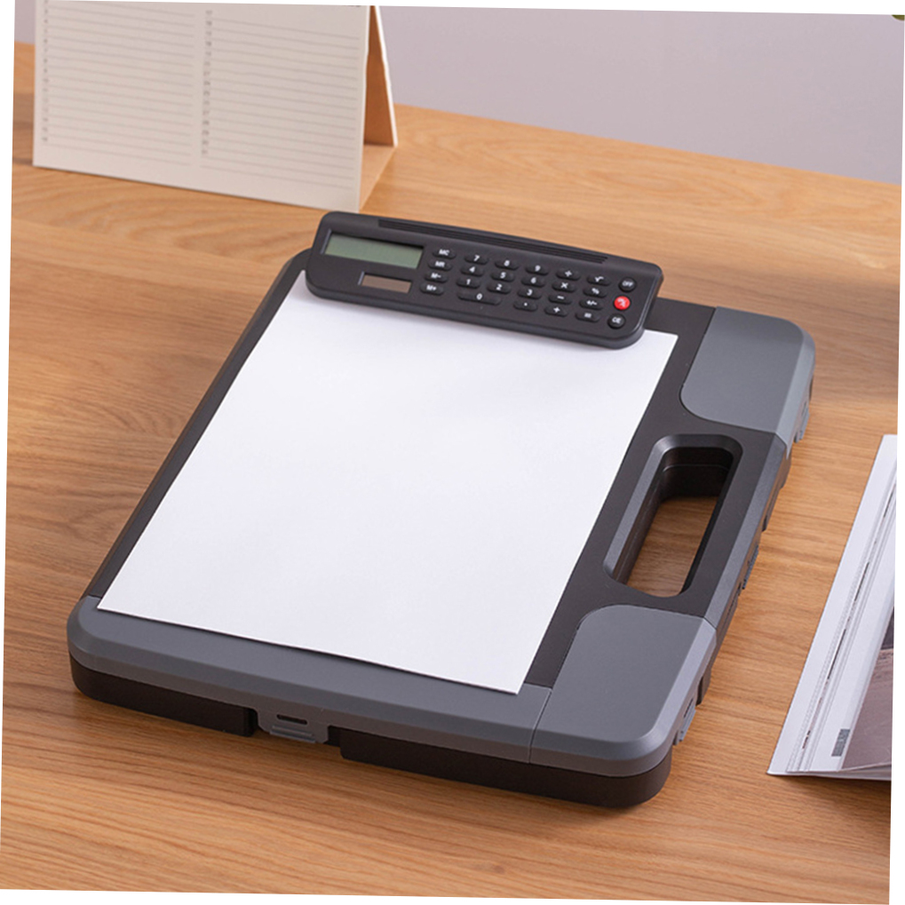 LOLIPPYY Black Clipboard with Built-in Calculator and File Organizer, Portable A4 Document Holder for Office and School Use