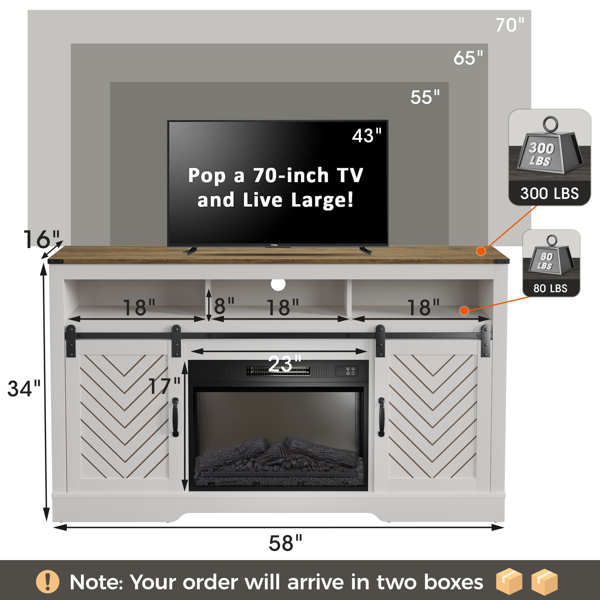 May in Color Fireplace TV Stand for 65+ Inch TV, Farmhouse Entertainment Center with Electric Fireplace, Antique White