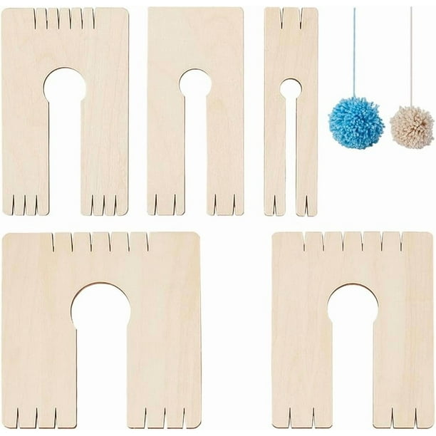 Juego de 5 herramientas de madera para hacer borlas en 5 tamaños diferentes. Incluye telar para borlas, bolas de pelusa y herramientas para tejer y hacer manualidades.