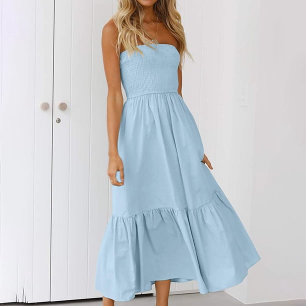 ICHUANYI Clearance Women Summer Bohemian Solid Color Casual Strapless Party Long Maxi Dress(Light Blue, S) ICHUANYI WER2023080913386