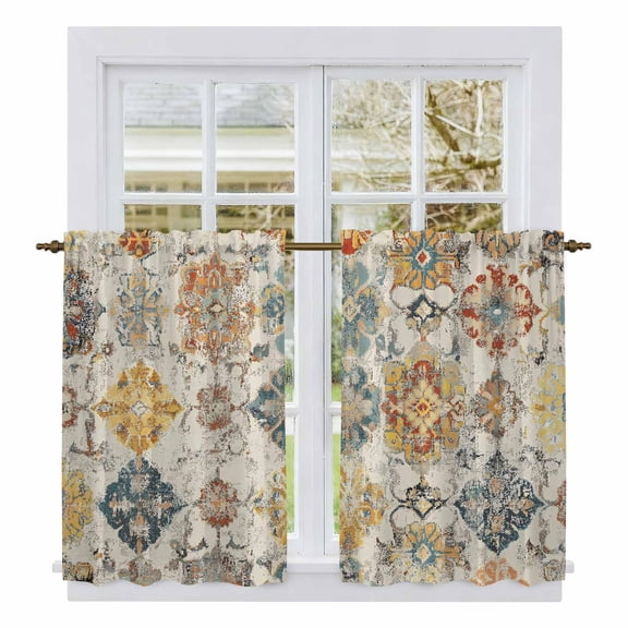 Farmhouse Morocco Tier Curtains, Boho Abstract Shabby Texture Art Light Filtering Kitchen Curtains, 2Pcs Rod Pocket Half Window Treatments Panels for Sink Cafe Cabinet Basement 27.5x45 Inches