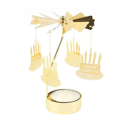 

EUBUY Gold Candlesticks Rotating(Happy Birthday)Romantic Rotation Spinning Carrousel Tea Light Candle Holder Dinner Wedding Bar Party