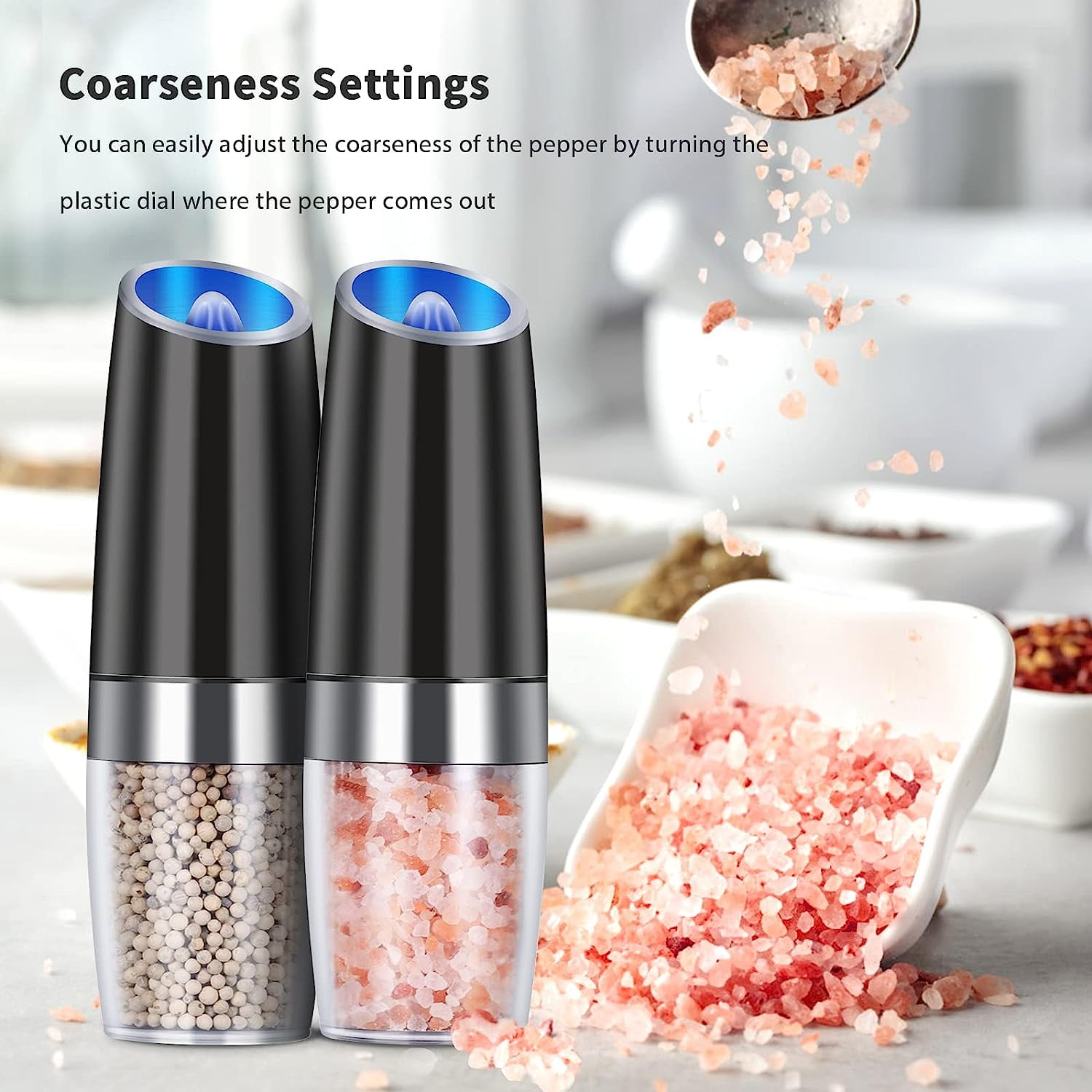 Alicedreamsky Gravity Electric Salt and Pepper Grinder Set, Automatic  Battery Powered Salt Mill, Adjustable Coarseness, with Blue LED Light, One  Hand