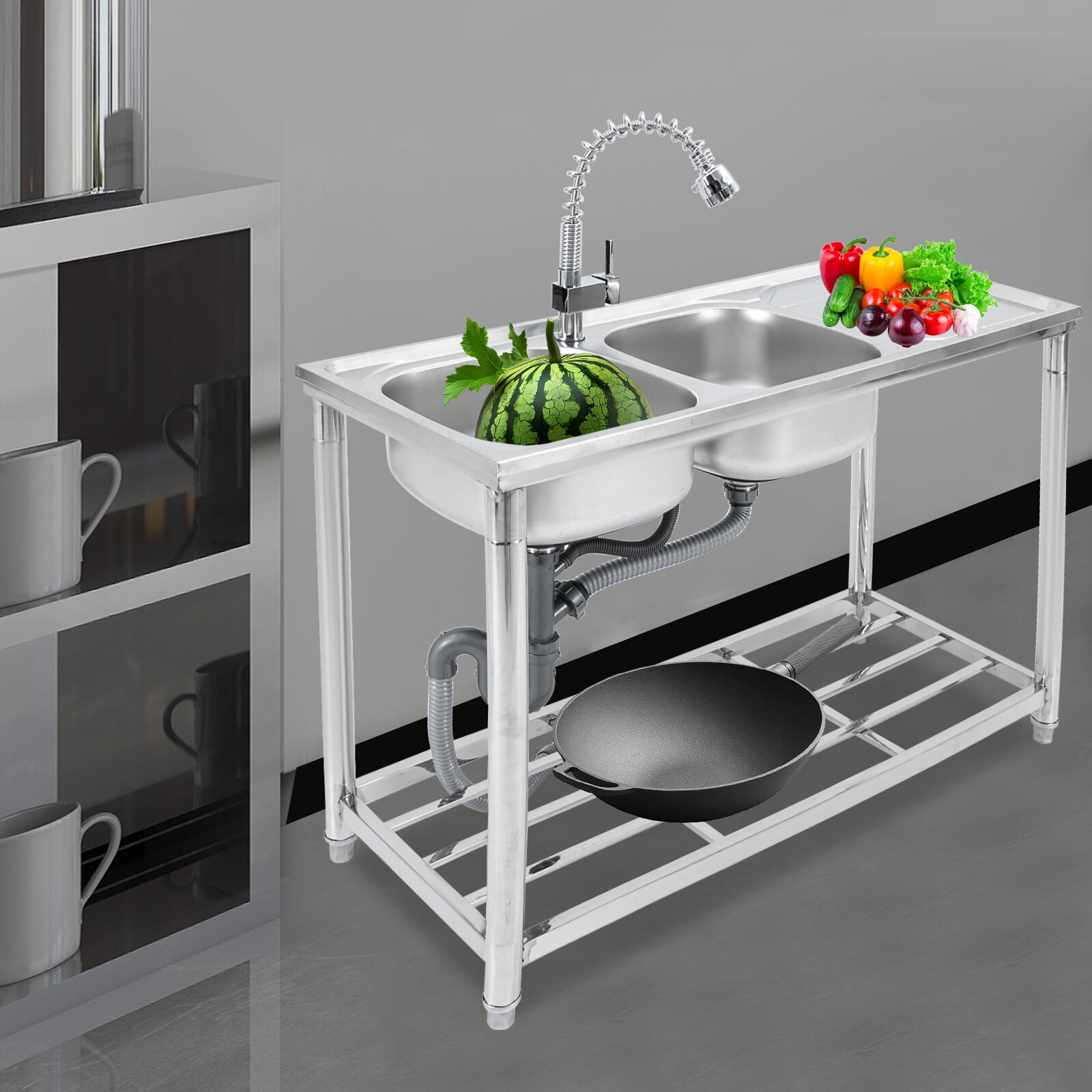 201 Stainless Steel Kitchen Sink, 2-Bowl Design with Pull-Out Spray Faucet, 220LBS Capacity, Free Standing for Home, Commercial.