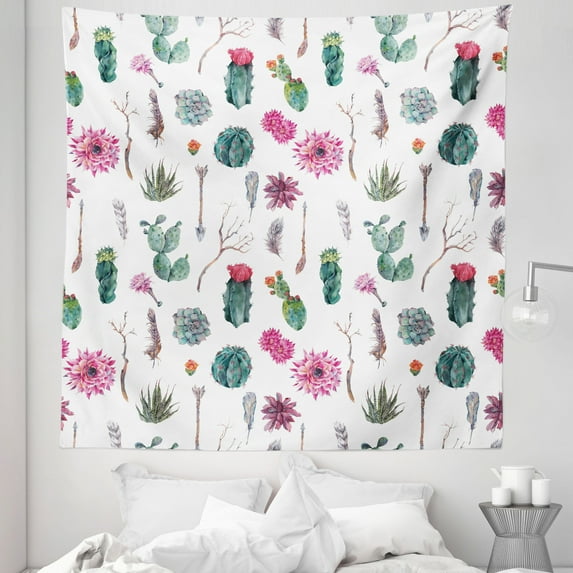 Cactus Tapestry, Vintage Botanical Pattern Arrows Feathers Succulent Twigs Hawaii Spring Tropics, Fabric Wall Hanging Decor for Bedroom Living Room Dorm, 5 Sizes, Multicolor, by Ambesonne