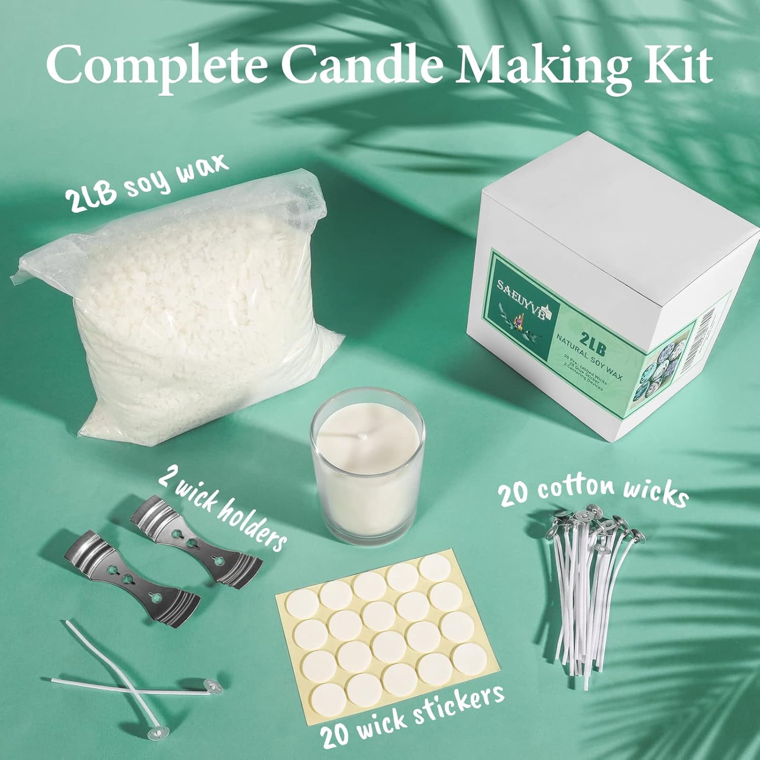 Natural Soy Candle Wax and for Making - 2 lbs Making Premium Wax.20 Wicks 20 Wick Stickers Centering Devices