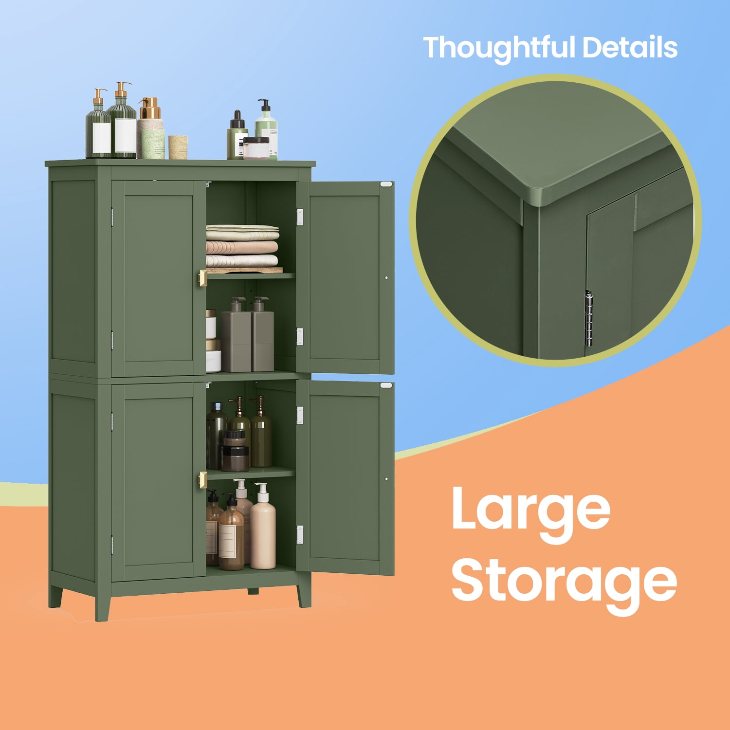 LEDREM Bathroom Storage Floor Cabinet Organizer with 4 Doors & Adjustable Shelves, 43" Wooden Pantry Cabinet Freestanding for Kitchen Living Room Small Spaces,Green