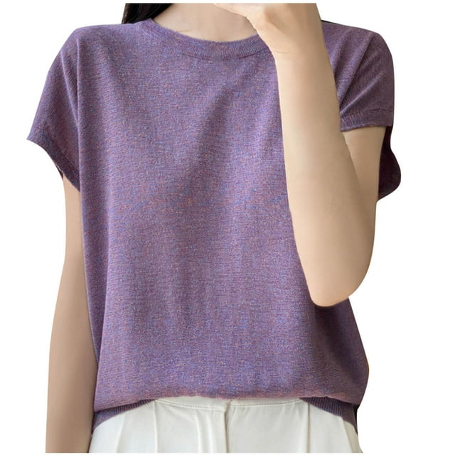 Hinvhai T-Shirts à Manches Courtes pour Femmes en Liquidation, Col Rond Léger, Hauts en Tricot Brillant Violet m(m)