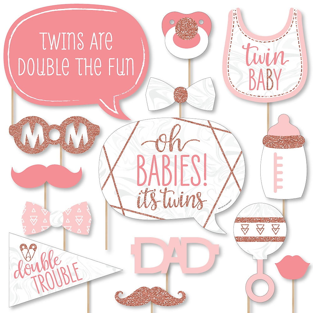 It’s Twin Girls - Pink and Rose Gold Twins Baby Shower Photo Booth Props Kit - 20 Count