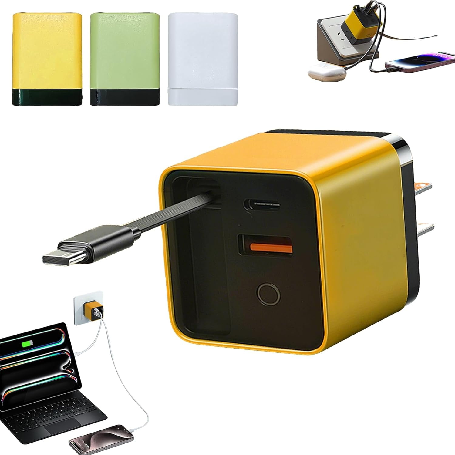 RGHJAR-3 in 1 Charger Scalable 80w Max Fast Charger Module with Type-C Cable and 2 USB Ports, All in One Charger Retractable Phone Wall Plug