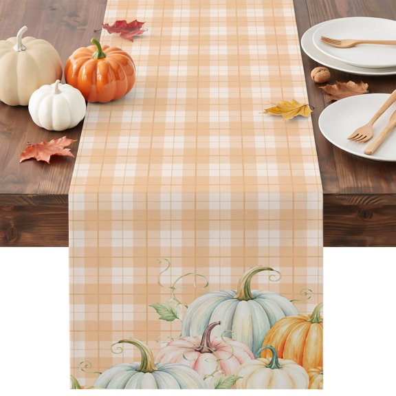 Fall Blue Pink Pumpkins Table Runner - 90 Inch Long Thanksgiving Harvest Brown Plaid Cotton and Linen Blended Dress Scarves Farmhouse Table Runner for Kitchen Dining, Coffee Table, 13" x 90"