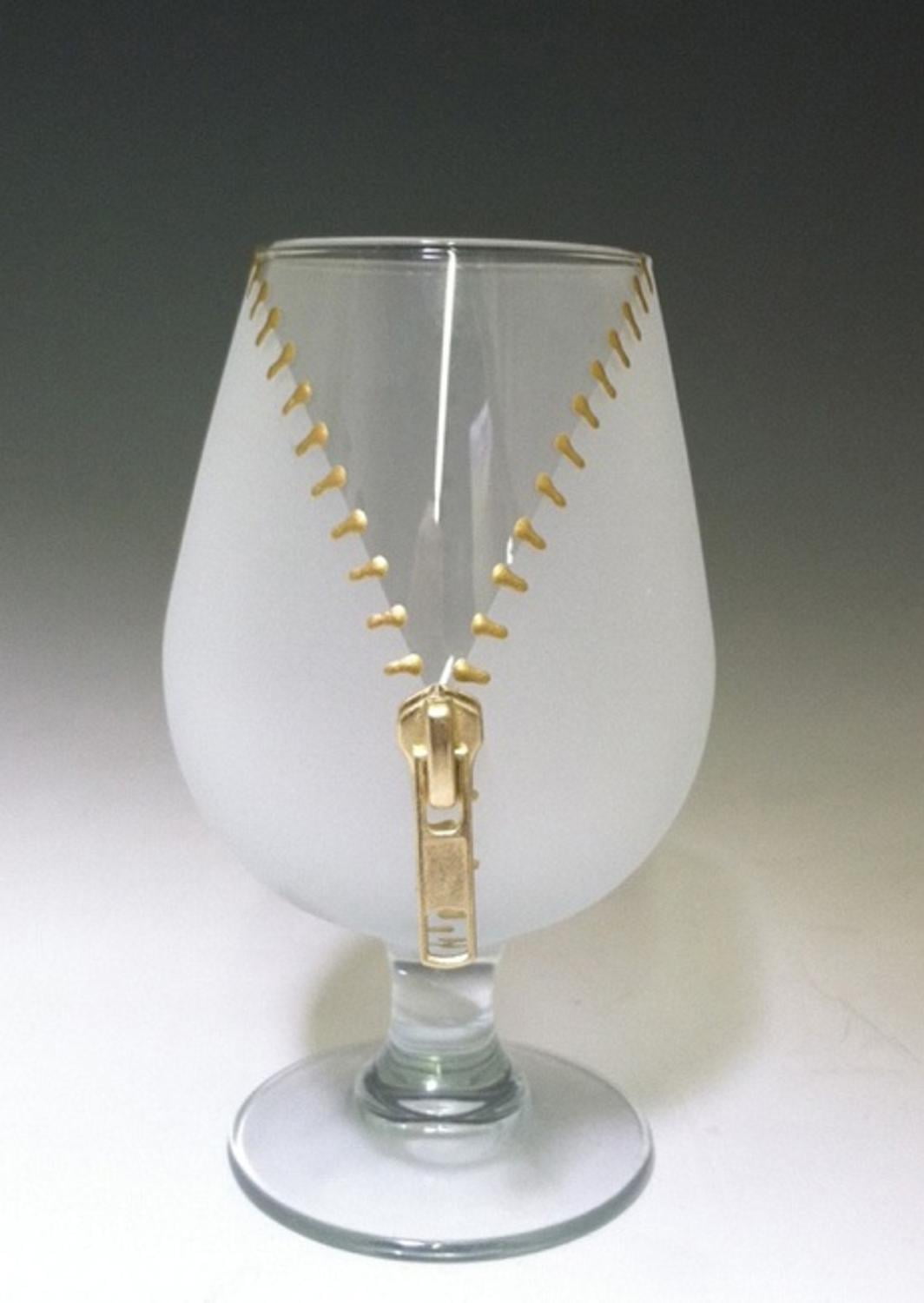 Set of 4 XYZ Gold Zipper Etched Snifter Brandy Drinking Glasses 12