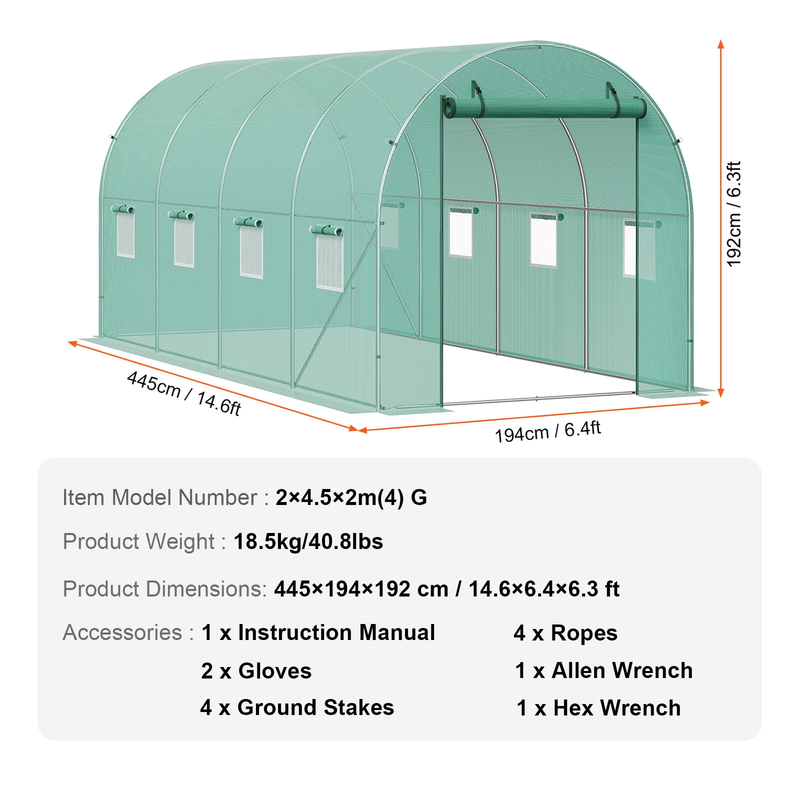 KFFKFF Walk-in Tunnel Greenhouse, 15x7x7 ft, Featuring a Durable Galvanized Steel Frame and Green PE Covering, Equipped with a Roll-up Zipper Door and 8 Ventilation Windows
