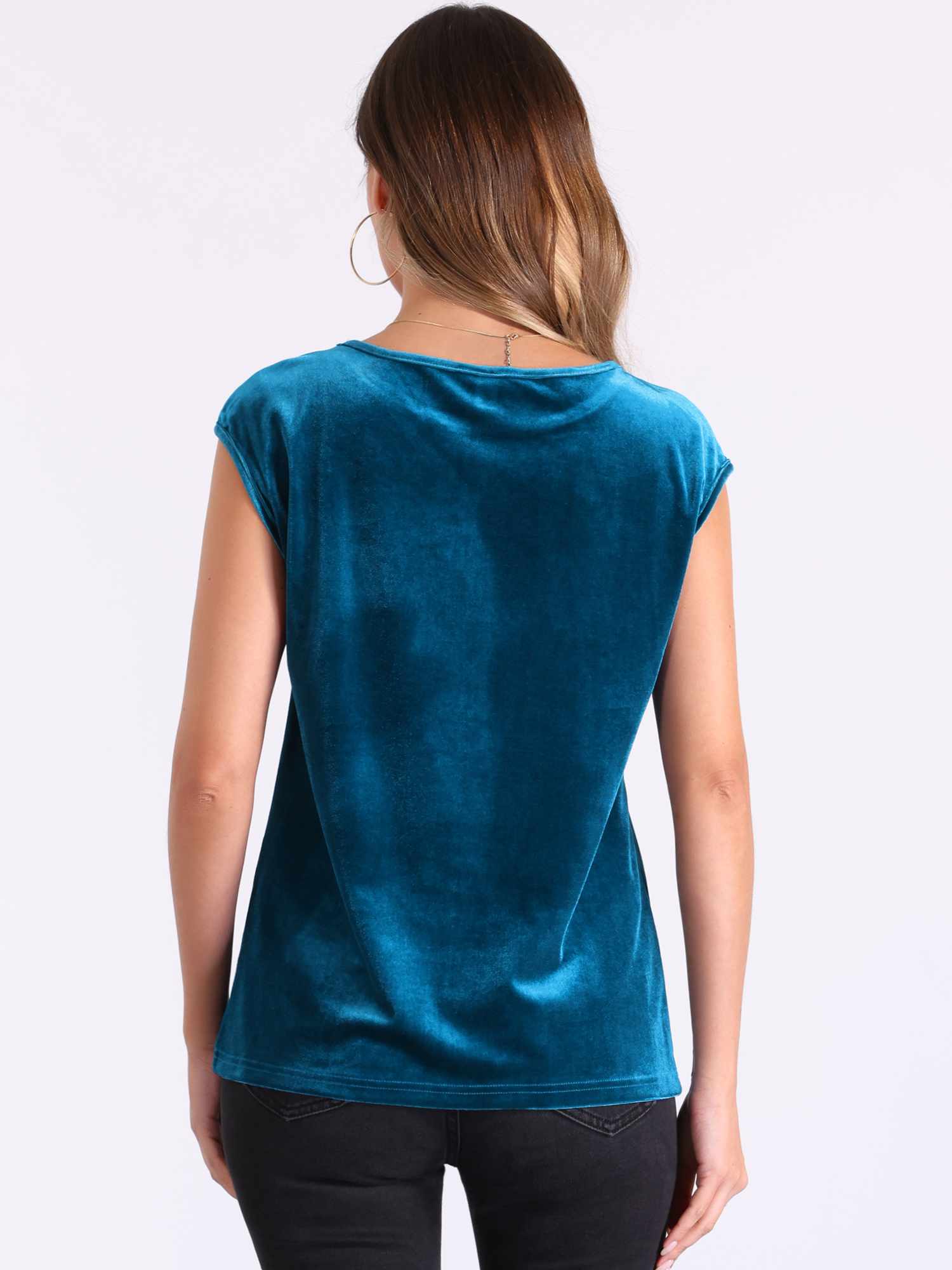 DARING DIVA Women's Velvet Christmas Party Crew Neck Cap Sleeve Top M Peacock Blue