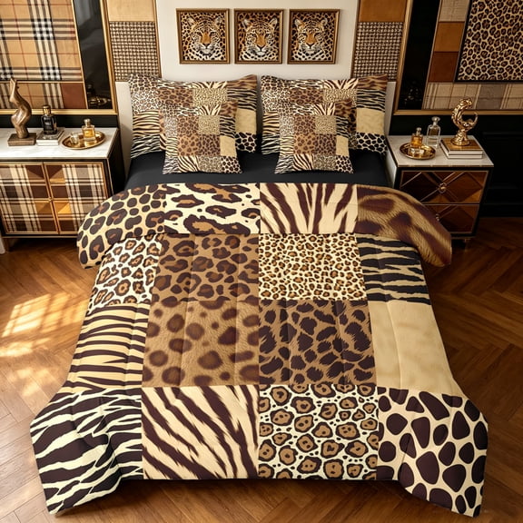 Manfei Minimalist Cheetah Print Twin Bedding, Old Fashion Patchwork Bedding Comforter Set, Tan Peach, Black Reversible, 7-Piece