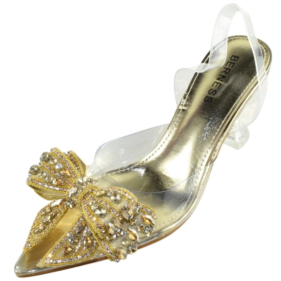 Berness Women’s Clear Heels – Transparent PVC Strap Rhinestone Bow Pointed Toe Pumps, Kitten Heel Slip-On Mule Formal Dress Shoes for Wedding Party Evening NINA05 Gold 8.5