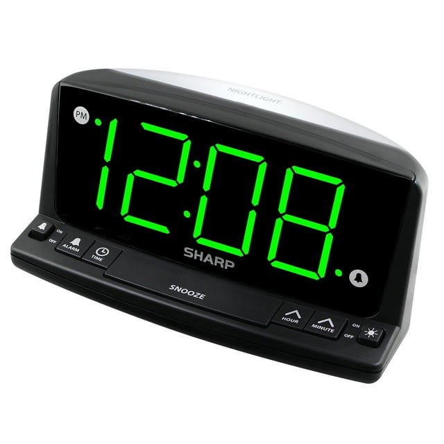 Reloj despertador Sharp con luz nocturna: números grandes fáciles de ver, alarma con pitido fuerte y pantalla LED verde.