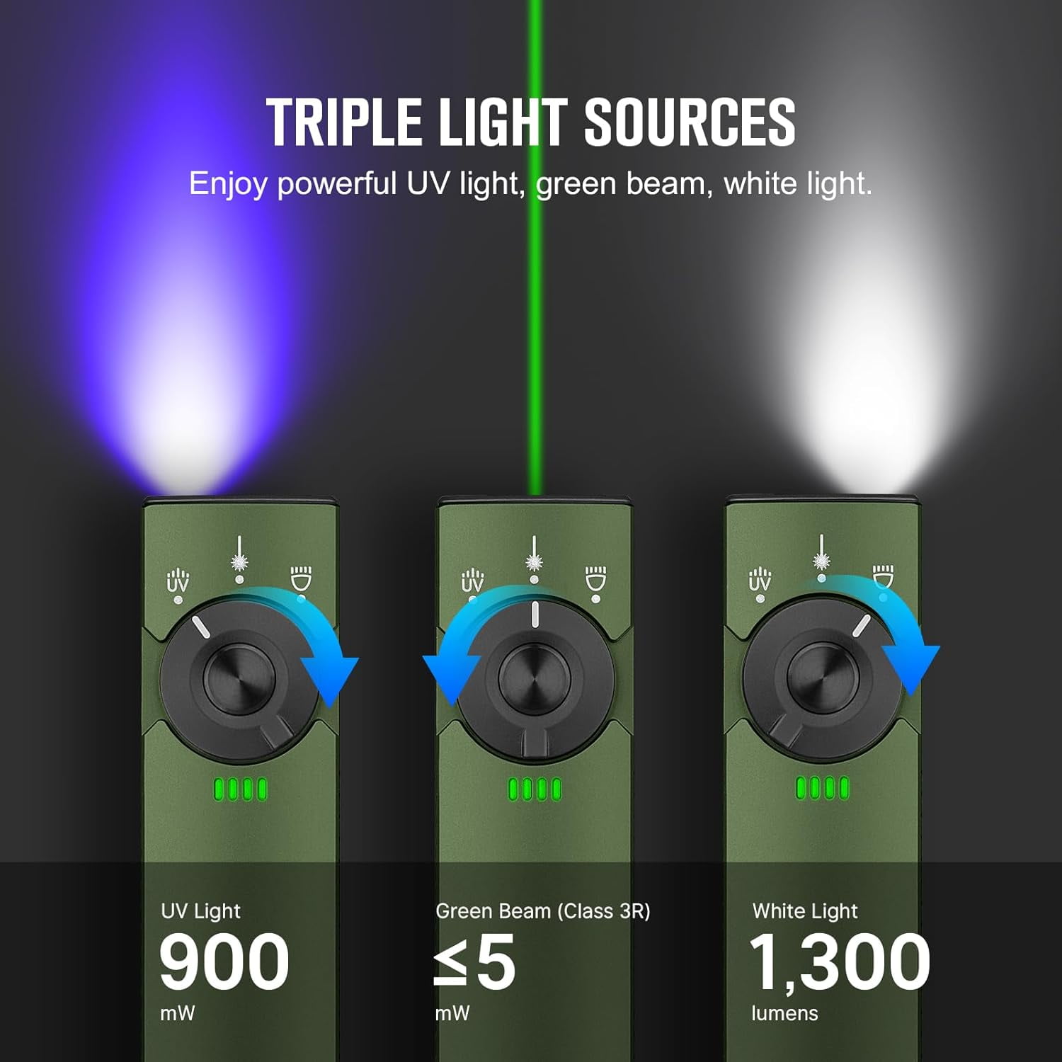 OLIGHT Arkfeld Pro Flat Rechargeable EDC Flashlight with 1300 Lumens LED Light UV and Laser(OD Green CW 5700K-6700K)
