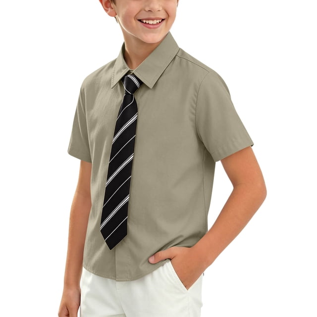 Odeerbi Camisa de Vestido Para Niños Con Corbata A Rayas Camisas de Uniforme Escolar de Manga Corta