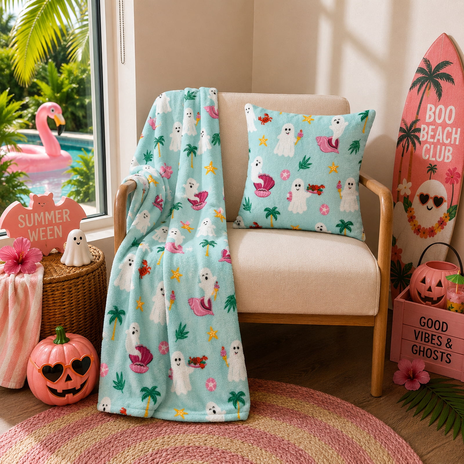 Summerween 18"x18" Plush Decorative Pillow, Ghost Seafood Brunch