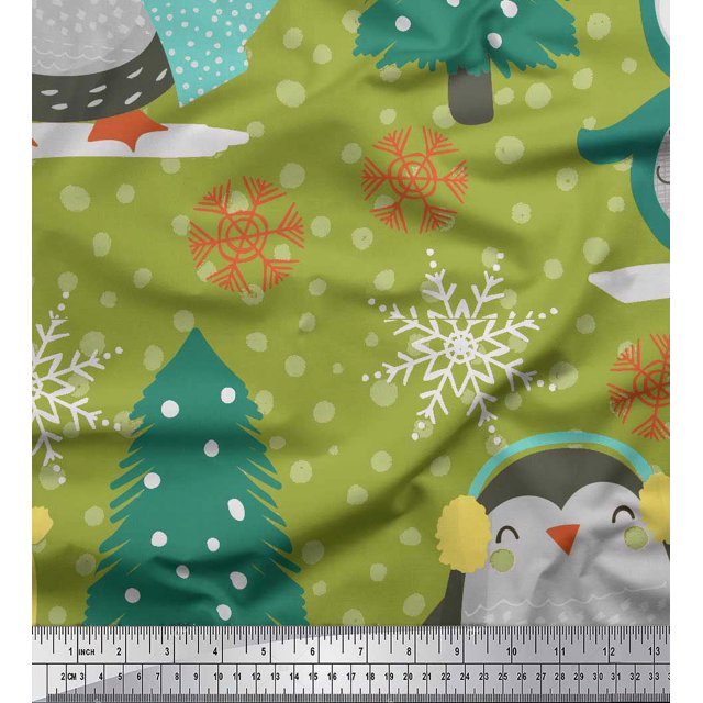 Soimoi Green polyester Crepe Fabric Christmas Tree & Penguin Cartoon Print Sewing Fabric Yard 42 Inch Wide