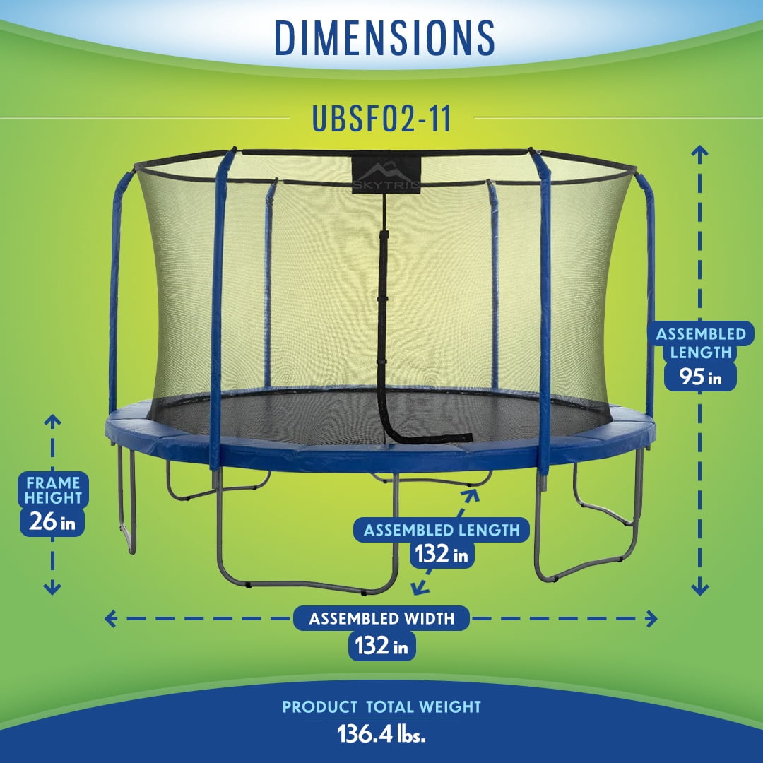 Machrus Skytric 11FT Round Trampoline with Top-Ring Flex Frame Safety Enclosure – Kids, Toddlers & Adults Trampoline – Mini Trampoline with Easy Assembly