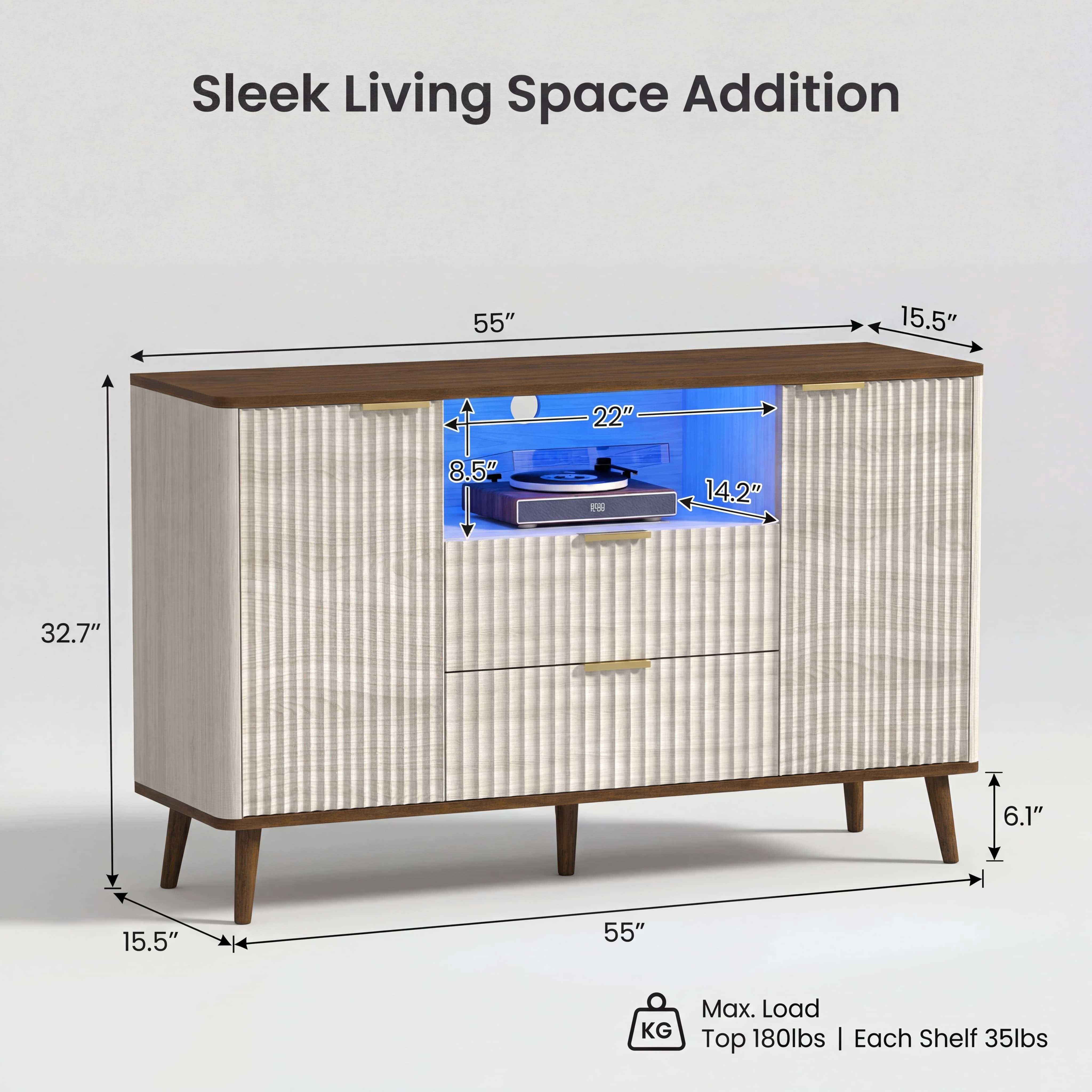 TrumanPick 55.3" Fluted TV Stand with LED Lights, Mid-Century Wood Entertainment Center for 65 Inch TVs, Beige&Walnut