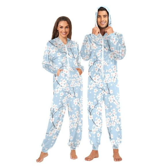 joogoo Cherry Blossom Blue Unisex Adults Onesies Pajamas Jumpsuits L