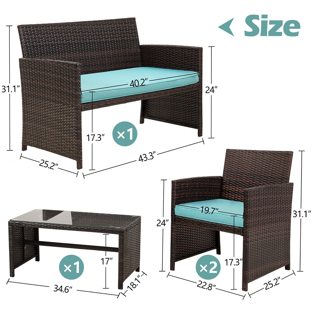 Kadyn 4 Pieces Outdoor Wicker Furniture Sets, Patio Conversation Sets with Soft Cushions Loveseat, 2 Soft Cushions Single Chairs and Coffee Table, PE Rattan Conversation Set for Courtyard, Teal Kadyn 4 Pieces Outdoor Wicker Furniture Sets, Patio Conversation Sets with Soft Cushions Loveseat, 2 Soft Cushions Single Chairs and Coffee Table, PE Rattan Conversation Set for Courtyard, Teal