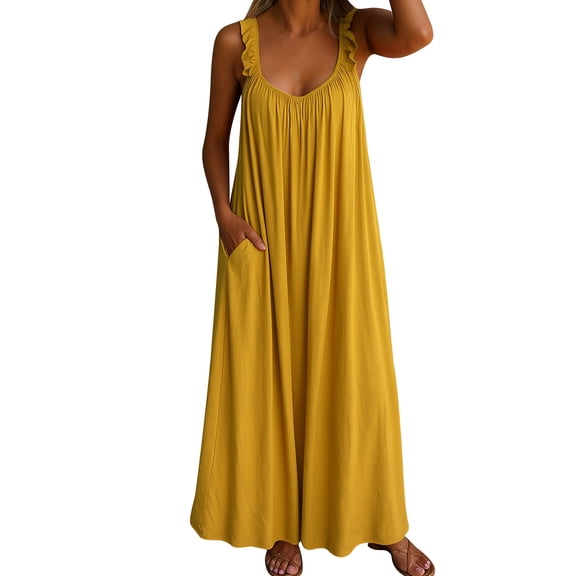 CHGBMOK Women Dress V Neck Sleeveless Long Dress Solid Loose Strap Casual Shift Dress Beach Vacation Dress
