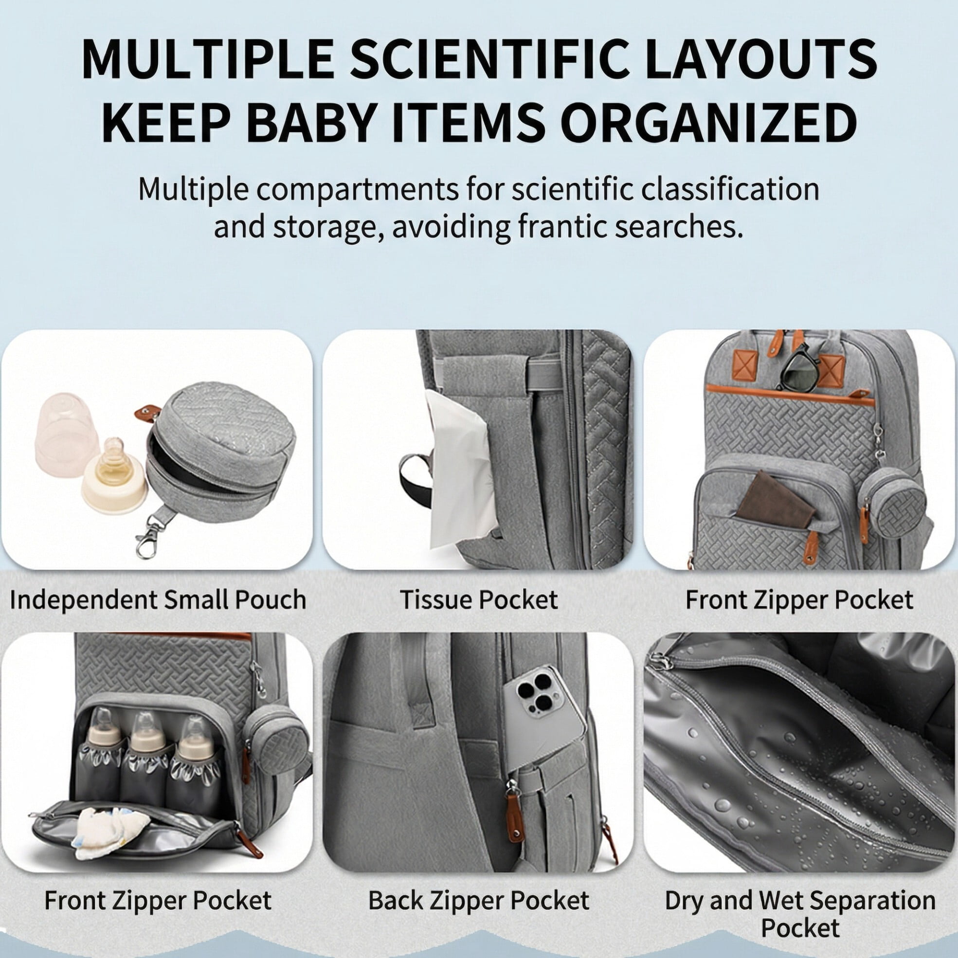 Baby diaper bag, with changing pad, multi-functional baby diaper bag, portable diaper bag, diaper bag storage bag, with insulated bottle bag, suitable for both boys and girls, gray.