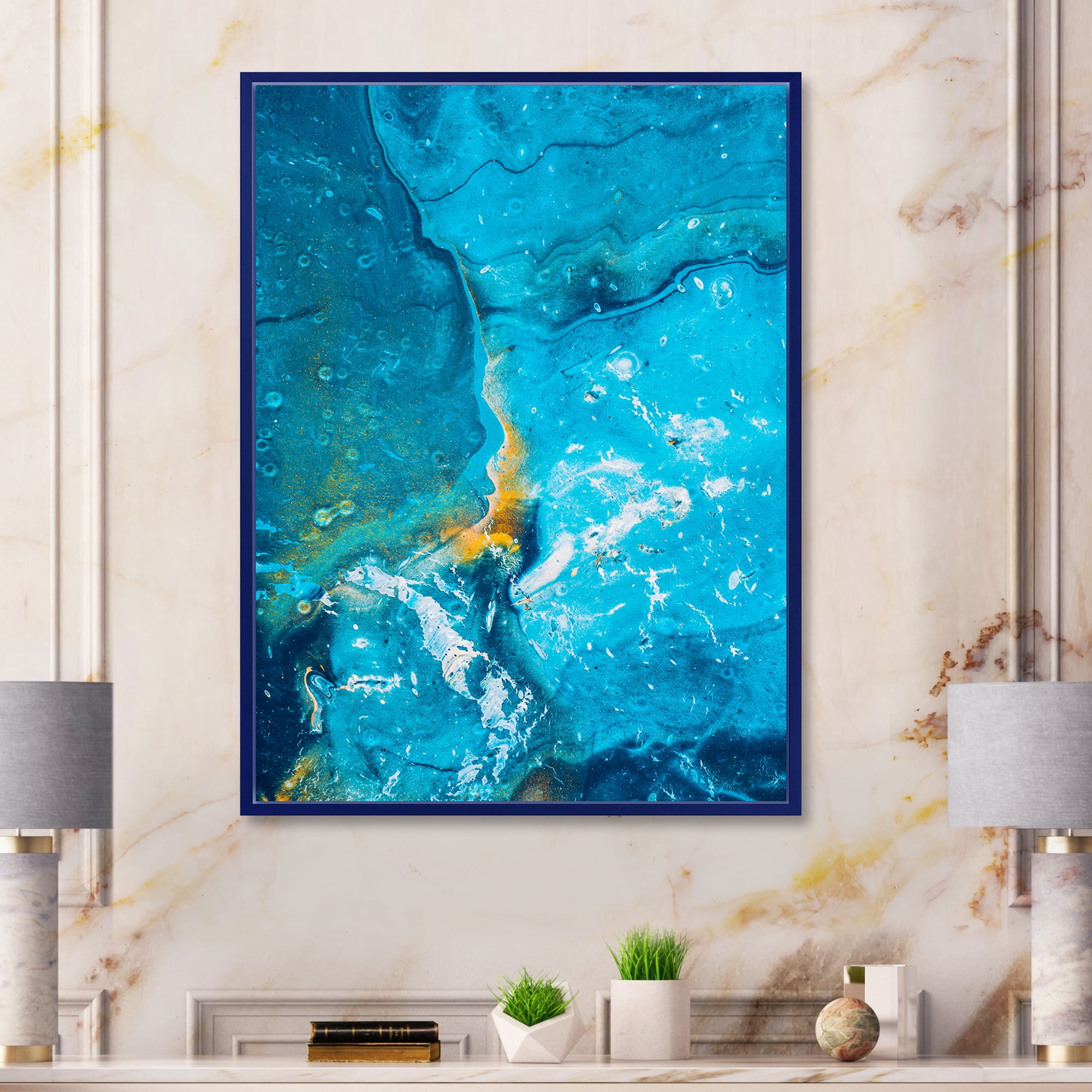 Abstract Blue Marble Composition I 12 in x 20 in Framed Painting Canvas Art Print, by Designart
