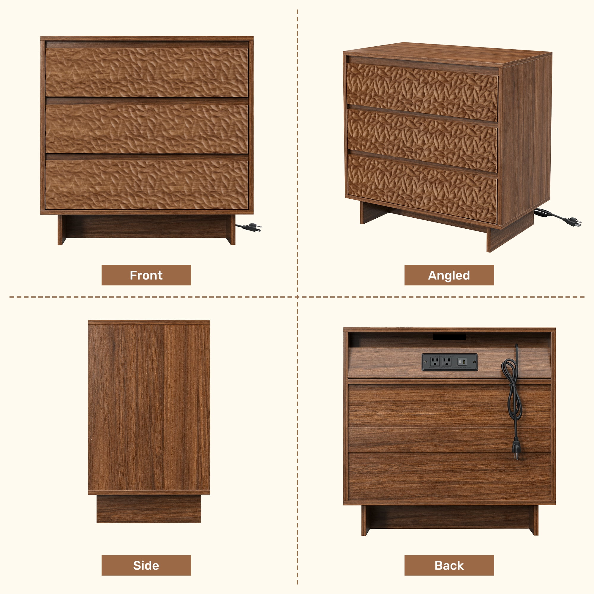 MOONMISS 3 Drawers Nightstand with Charging Station, Wood Night Stand with Waterproof Table Top for Bedroom, Livingroom, Dark Walnut