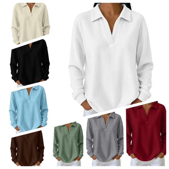 Levmjia Women's Waffle Knit Top Long Sleeve Split Neck Casual Loose Fit Thermal Shirt Solid Color Pullover Blouse