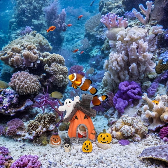 Plagage 5pcs Halloween Decorations for Fish Tank Miniature Figurines Indoor Outdoor Resin Ghost Pumpkin Bubble House Statue Set Halloween Ornament