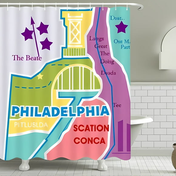 Whimsical Philadelphia Map Shower Curtain - Colorful Pastel Design with Labels & Stars