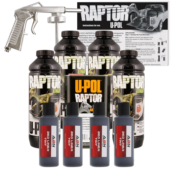 U Pol Raptor Tintable Black Metallic Bed Liner Kit W Spray Gun 4 Liters Upol 2723