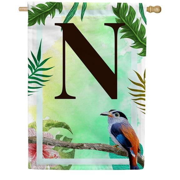 America Forever Tropical Bird Summer Monogram House Flag Letter N 28 x 40 inches Parrot Toucan Palm Leaves Double Sided Vertical Outdoor Yard Lawn Decorative Exotic House Flag