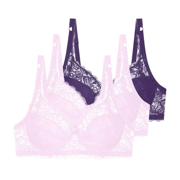 Mlkoz 3 Pack Bras for Women Lace Push Up Bralettes Mesh Sheer Underwire Comfortable Bra Plus Size Bras Everyday Bras