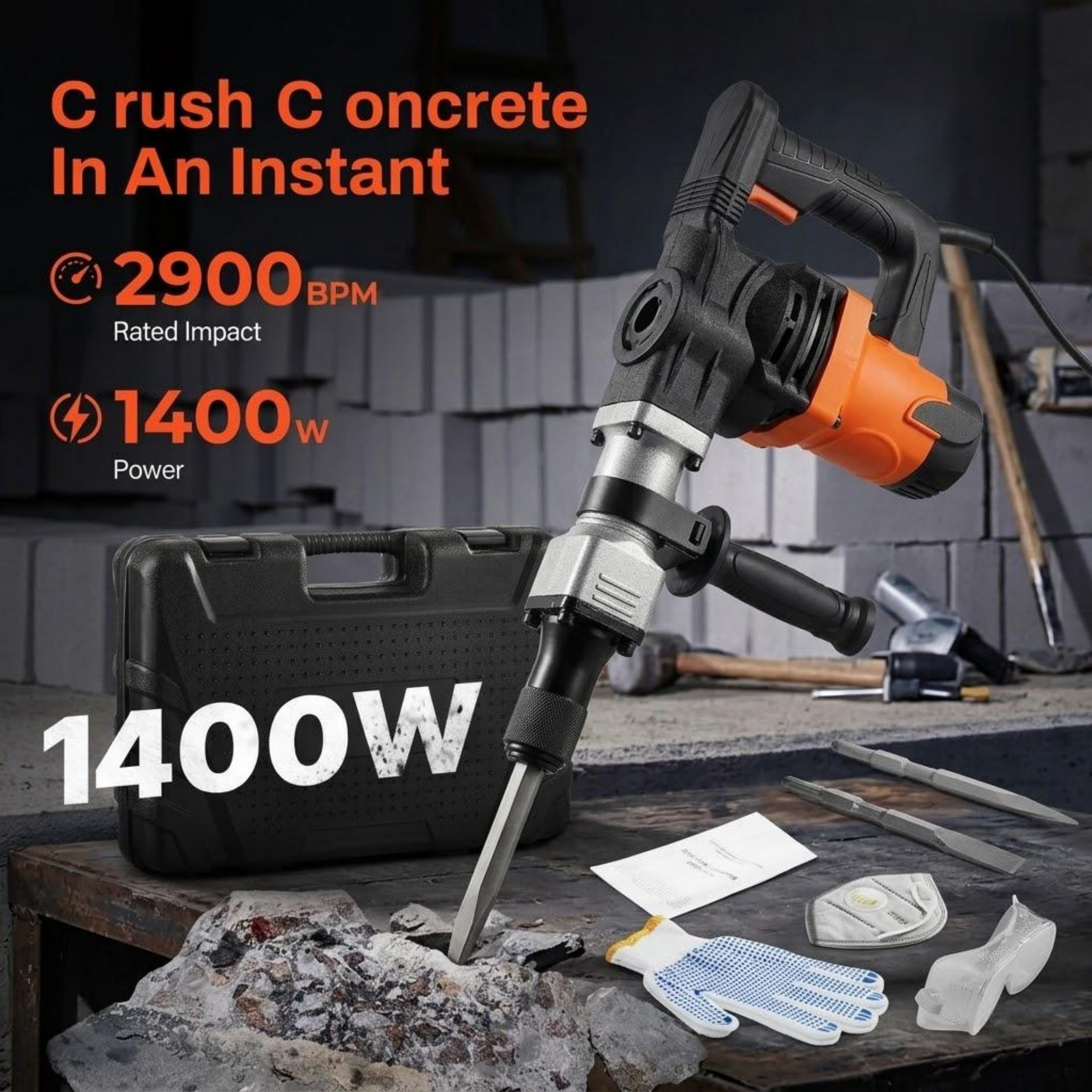 1400W Electric Demolition Jack Hammer, Heavy Duty Concrete Breaker with 2900 BPM, 2 Chisels, Gloves & Carrying Case