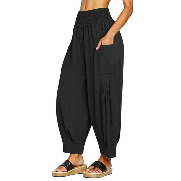 Pantalones boho harem de lino para mujer: pantalones de cintura alta y pierna ancha con bolsillos, cintura elástica con cordón, tallas S-XXXL