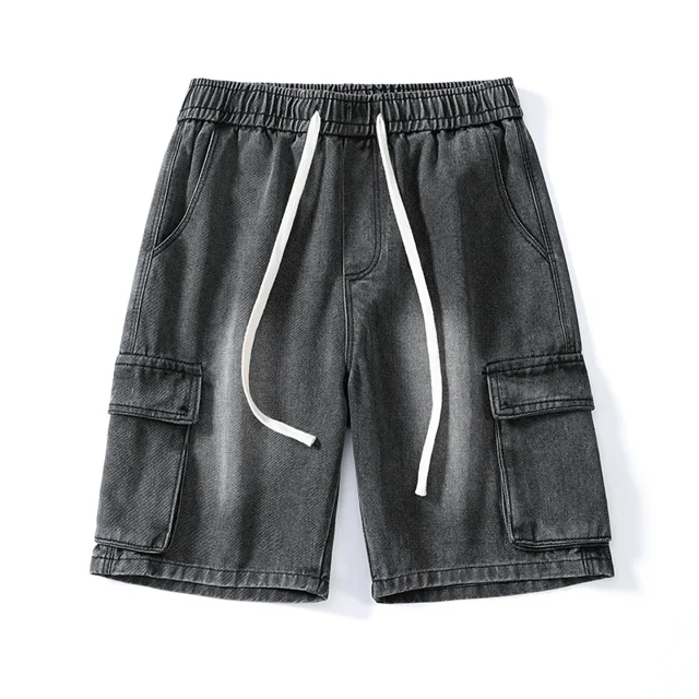 Pantalones cortos de mezclilla para hombre, Vaqueros cortos de cintura elástica fina, holgados, rectos hasta la rodilla, alta calidad, ropa de marca