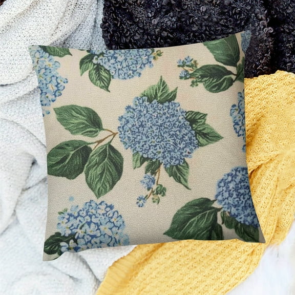 PRATYUS Spring Pillow Covers Blue Green Hydrangea Flower Decor Throw Pillows Vintage Floral Seasonal Summer Outdoor Decoration Pillowcase Linen Cushion Cover for Couch Sofa 18x18in