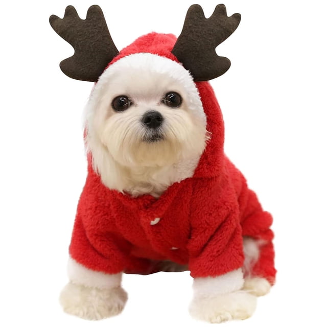 Disfraz de reno navideño para mascotas, pijama de terciopelo coral suave y cómodo para perros o gatos, monos con capucha de invierno cálidos para mascotas para fiestas navideñas (rojo)